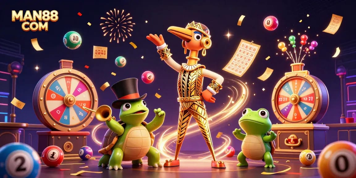Join the epic fun at MAN88 COM with colorful lottery elements and vibrant 3D characters!