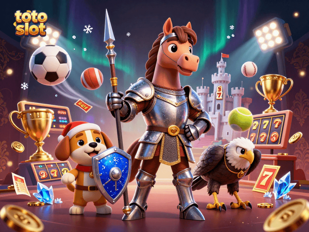 Experience the thrill of toto slot with dynamic illustrations of a knight, squire puppy, and golden trophy.