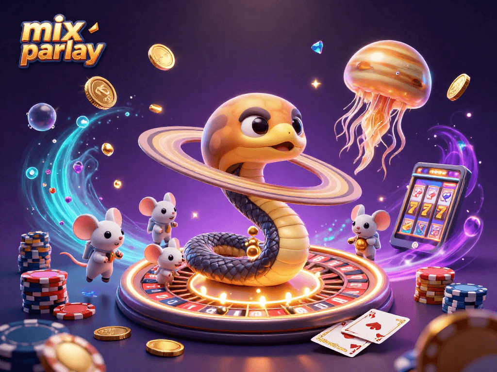 Engage in thrilling mix parlay betting with vibrant cosmic elements and cartoon characters.