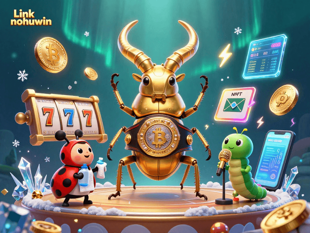 Experience thrilling excitement with Link nohuwin in a vibrant casino scene featuring a golden stag beetle champion.