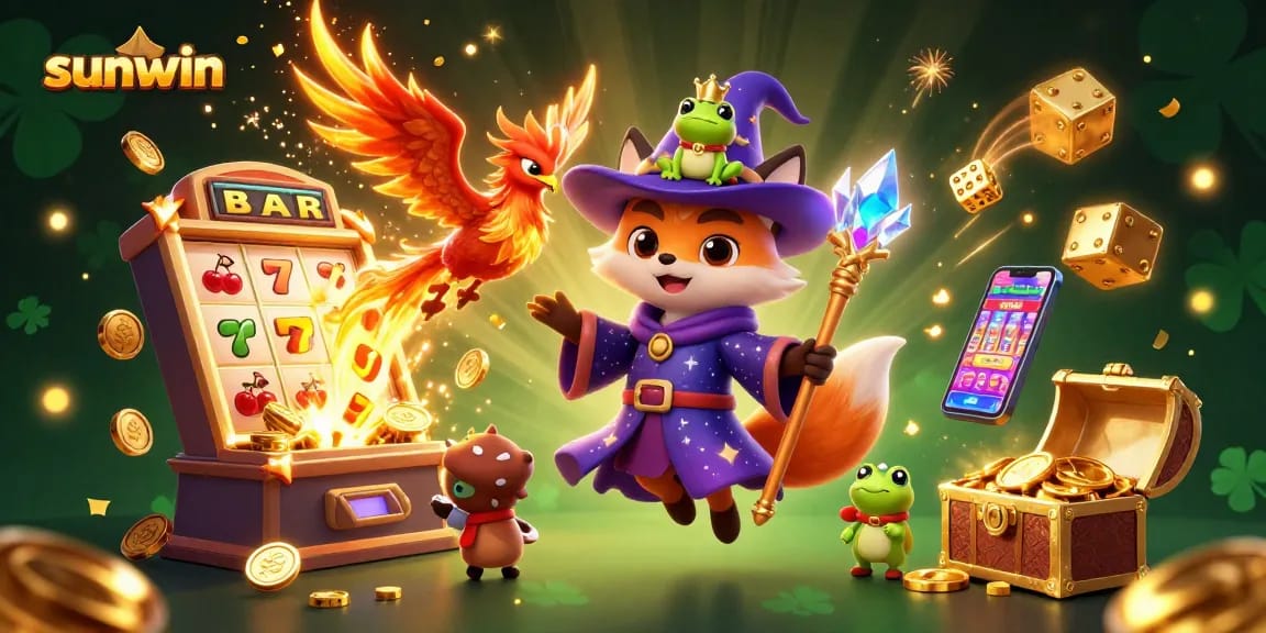 Engage in thrilling action with sunwin as the wizard fox and phoenix celebrate a jackpot explosion in a vibrant casino