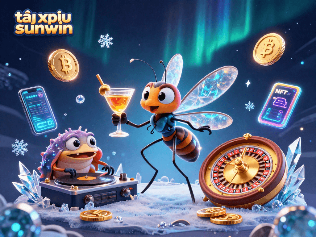 Engage with tài xỉu sunwin through an exciting casino digital illustration filled with vibrant characters and elements.