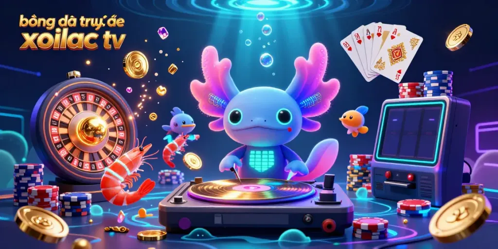 Experience bóng đá trực tuyến xoilac tv with a vibrant 3D illustration featuring a DJ axolotl spinning records amidst golden coins and colorful poker chips.