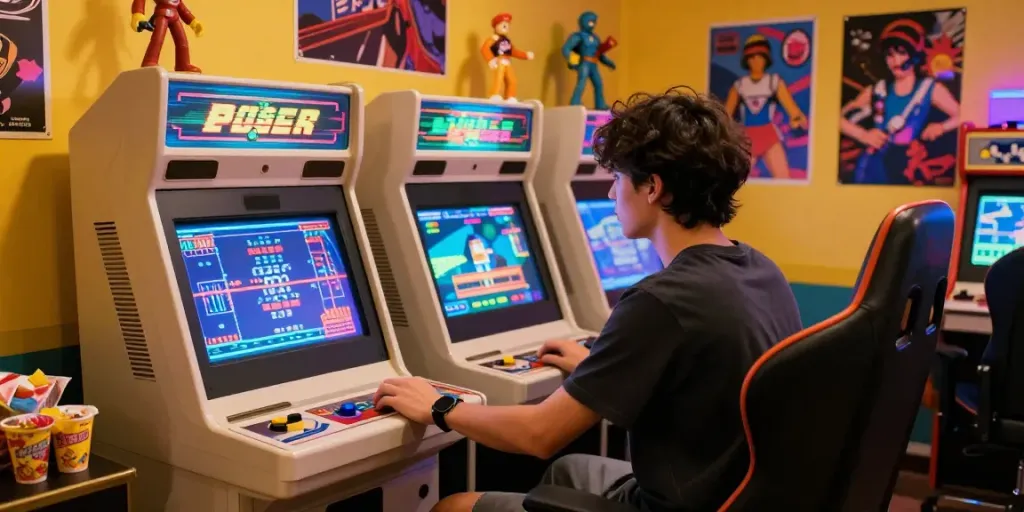 Engaging in retro gaming with PECAH404, colorful arcade setup, nostalgic memorabilia