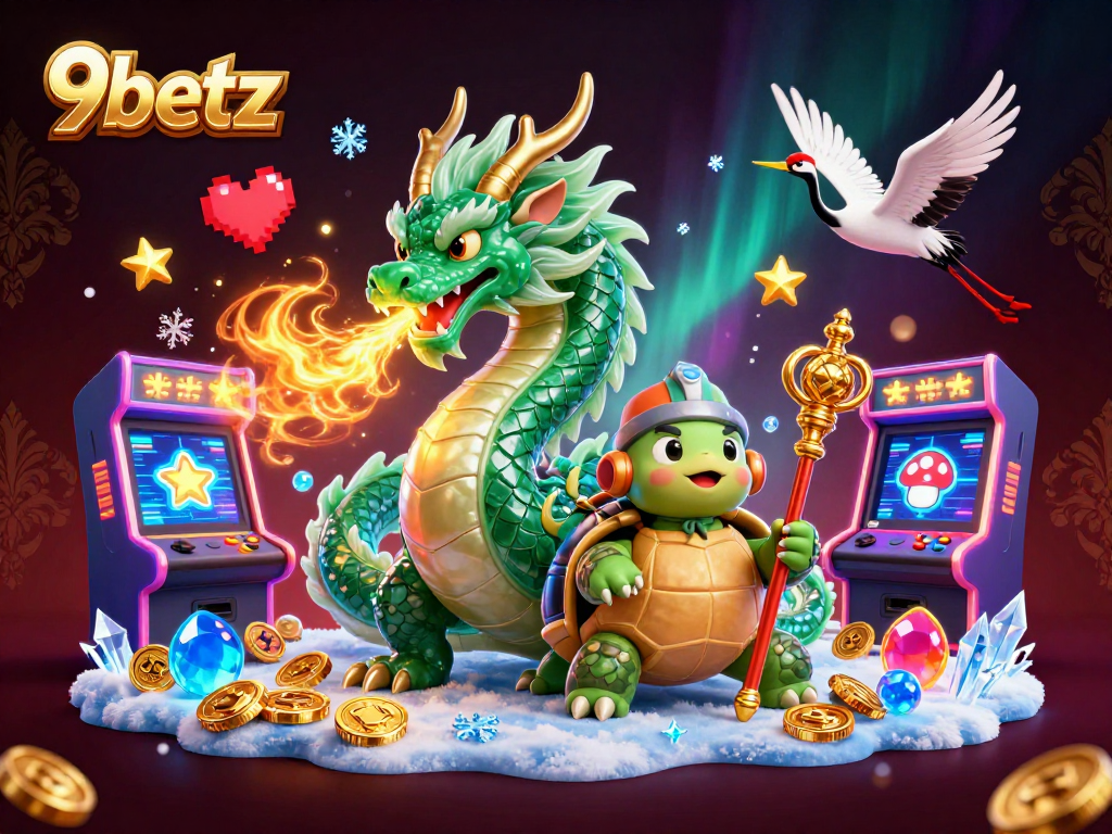 Engage in thrilling gaming experiences at 9betz with an enchanting 3D dragon and casino motifs.
