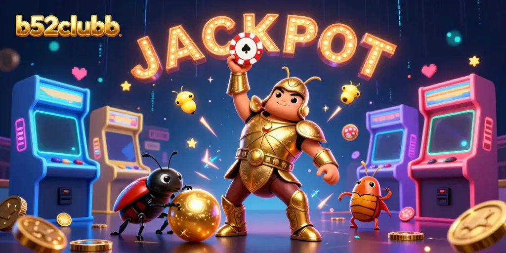 Experience the thrill of b52clubb with a victorious beetle character celebrating jackpot wins among colorful casino elements.