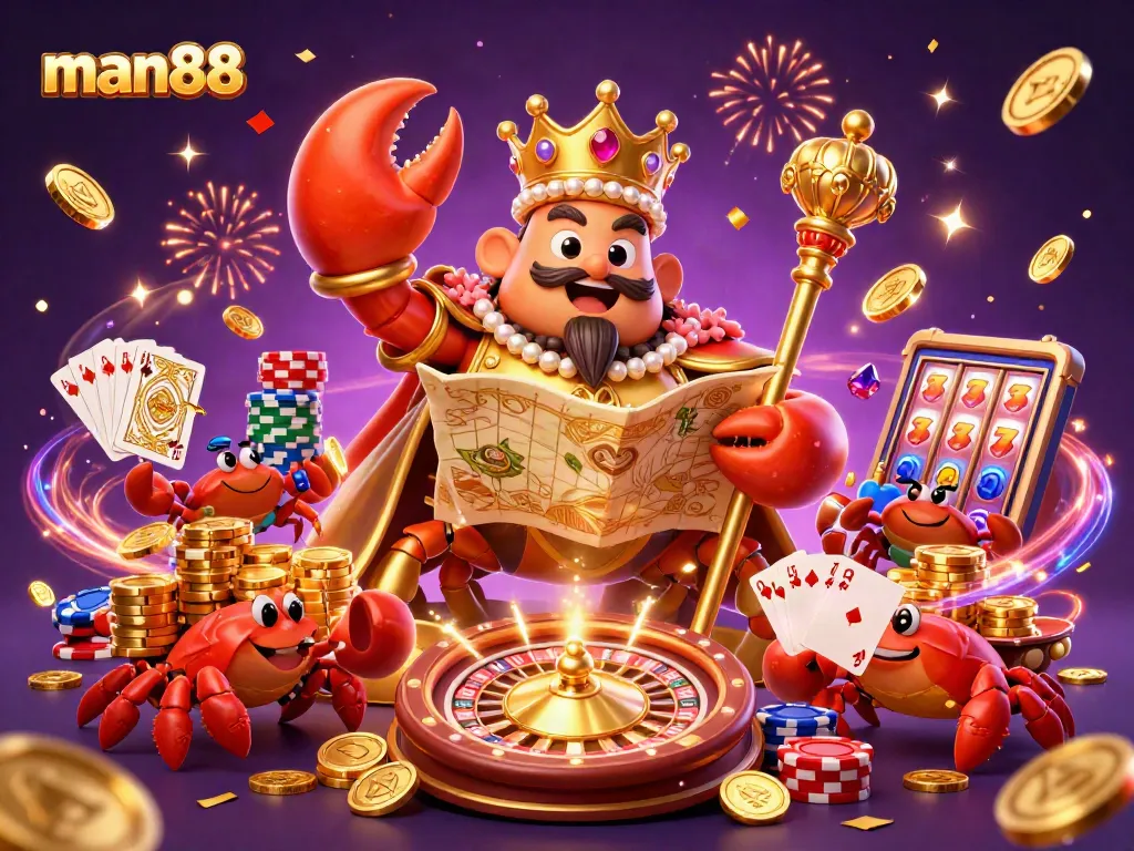 Experience the excitement of man88 with a vibrant casino scene featuring the golden crab emperor and dynamic game elements.