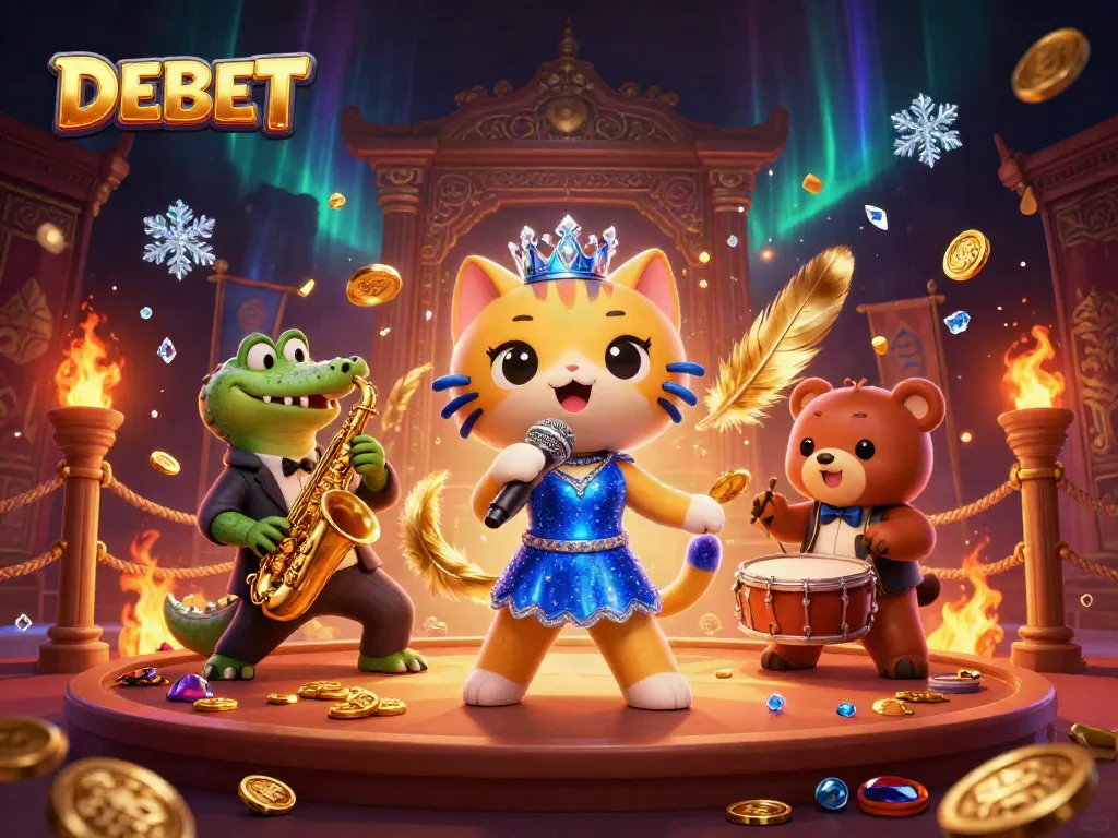 Experience entertainment at DEBET, a vibrant casino scene with animated characters and rich gaming elements.