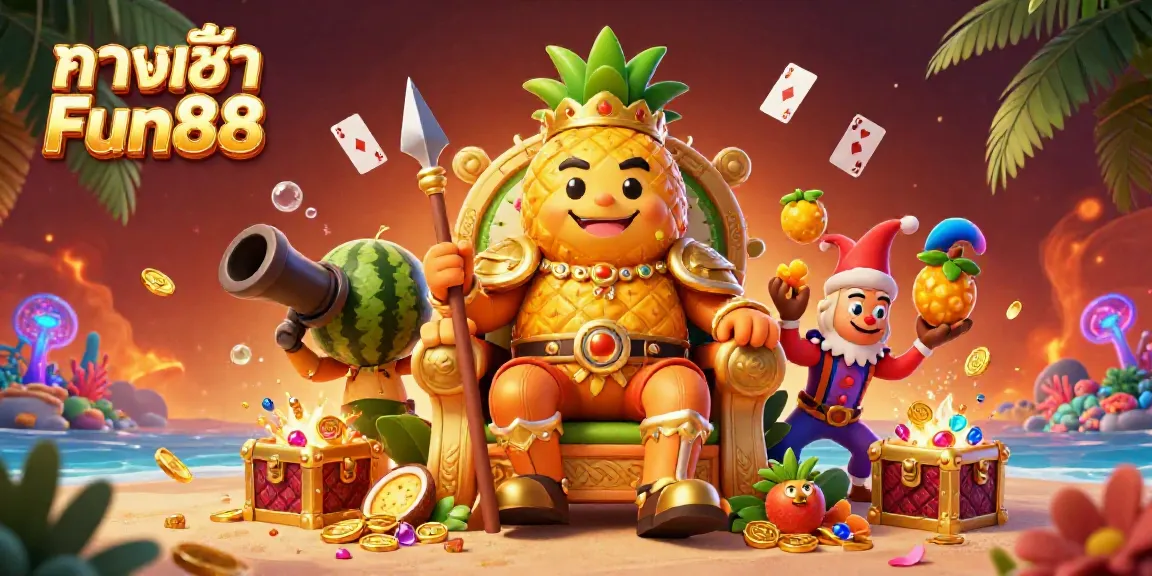 Experience the excitement of ทางเข้า Fun88 with a vibrant beach casino scene featuring royal characters and dynamic gaming elements.