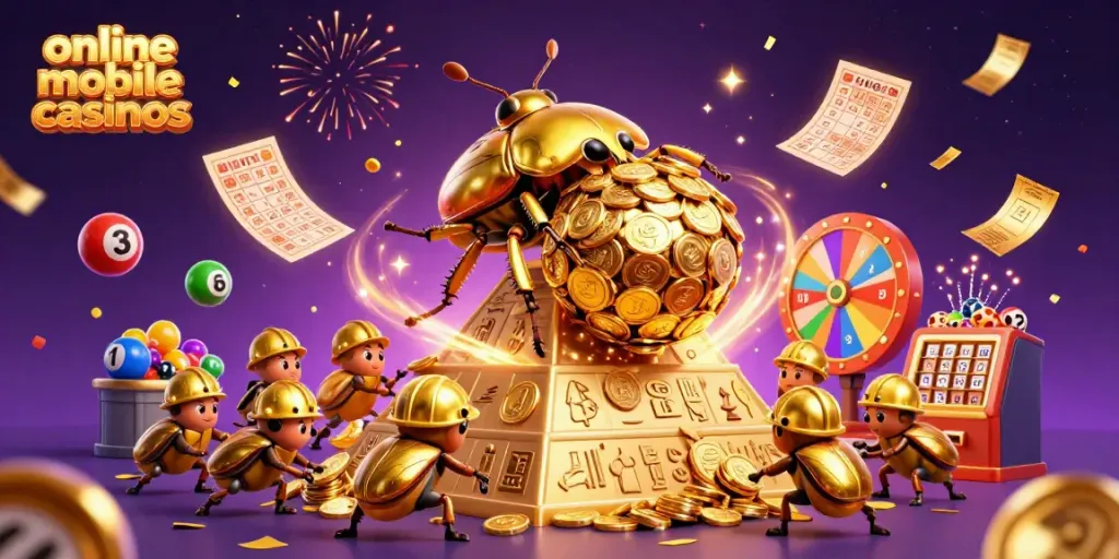Engaging scene showcasing online mobile casinos with a golden beetle and lottery elements.