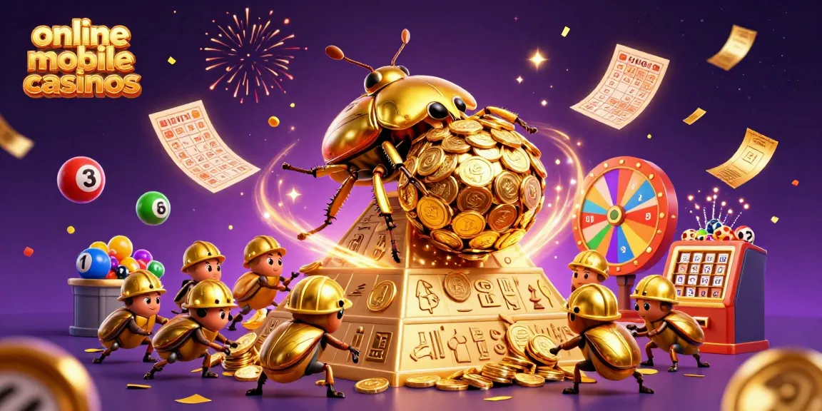 Engaging scene showcasing online mobile casinos with a golden beetle and lottery elements.