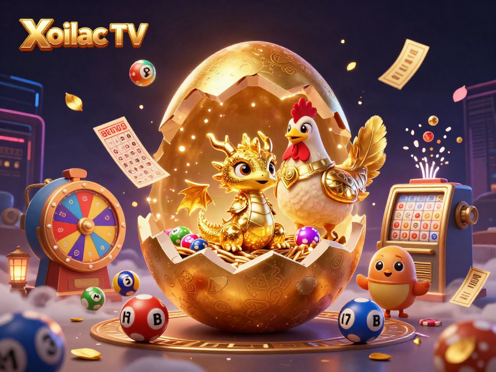 Xoilac TV reveals a golden baby dragon amidst colorful casino elements, enhancing the gambling experience.