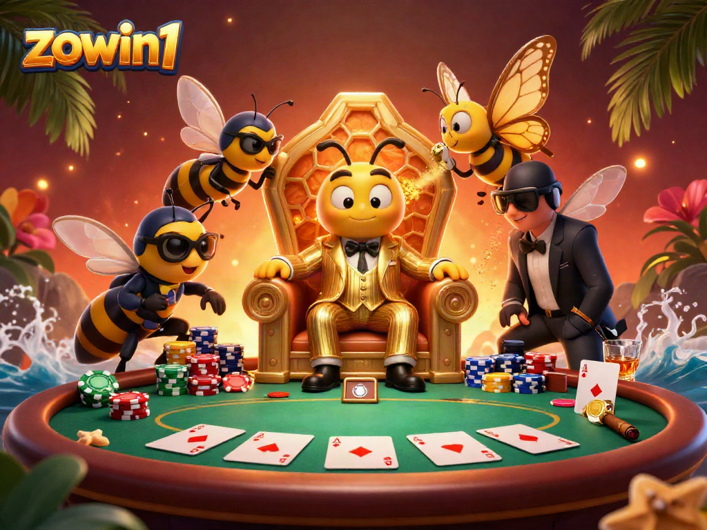 Zowin1 showcases a vibrant casino scene featuring a bumblebee mob boss amidst dynamic poker action.