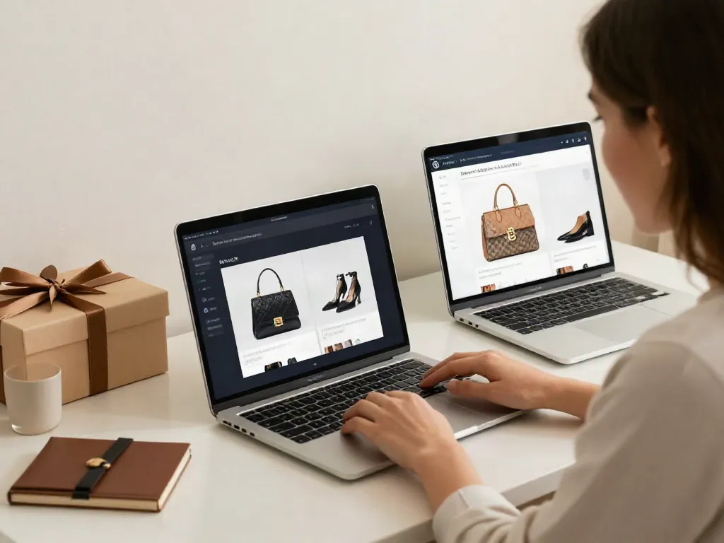 "Stylish woman shopping online in a replica shop, showcasing premium products."