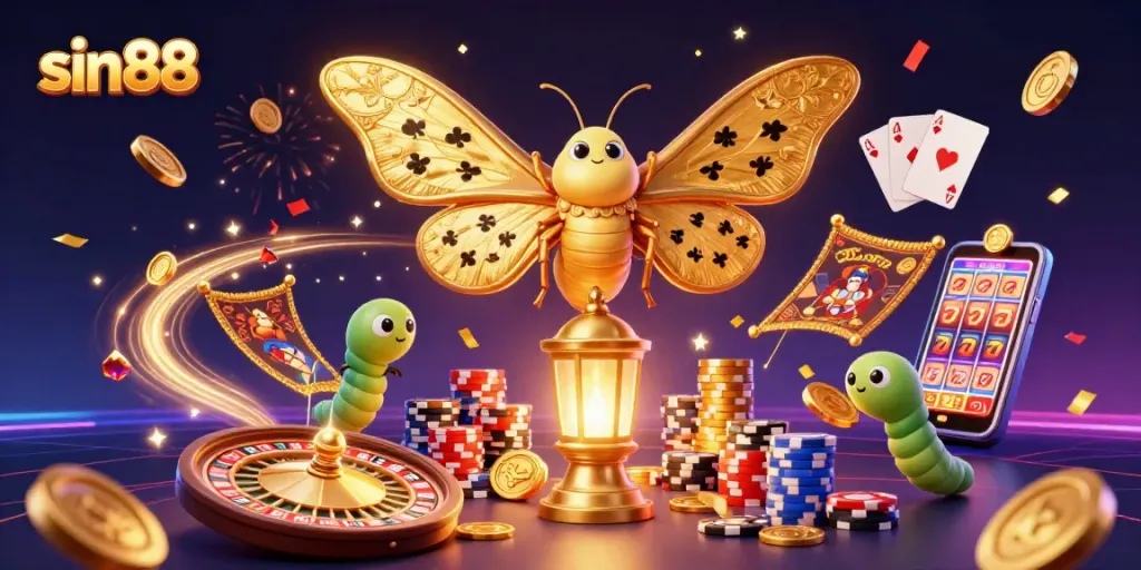 Experience thrilling gameplay at sin88 with vibrant casino elements and a stunning moth mascot.