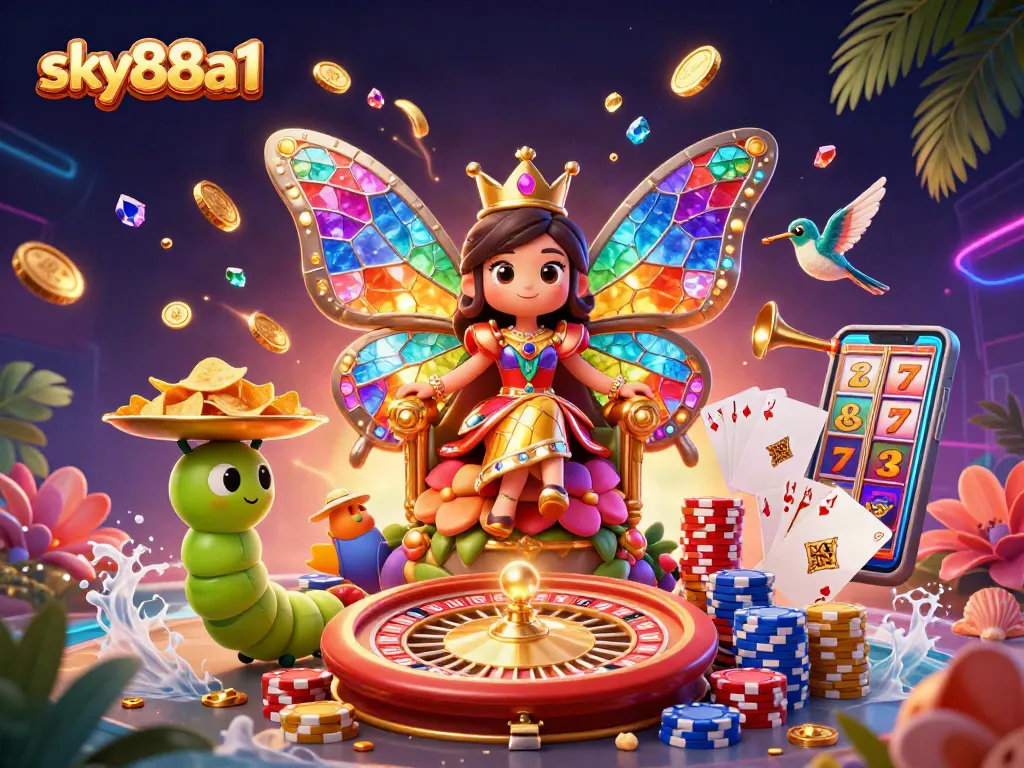 Experience excitement at sky88a1 with the butterfly queen amidst cascading coins and slots.