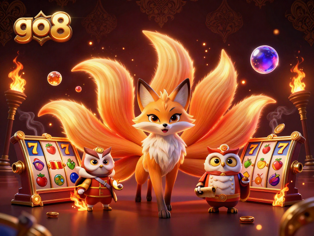 Engage with go 8 slot adventures featuring a mystical fox and owl in a vibrant casino scene.