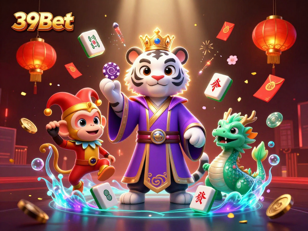 Play poker and interact with 39Bet in this vibrant casino scene featuring 3D characters and colorful game elements.