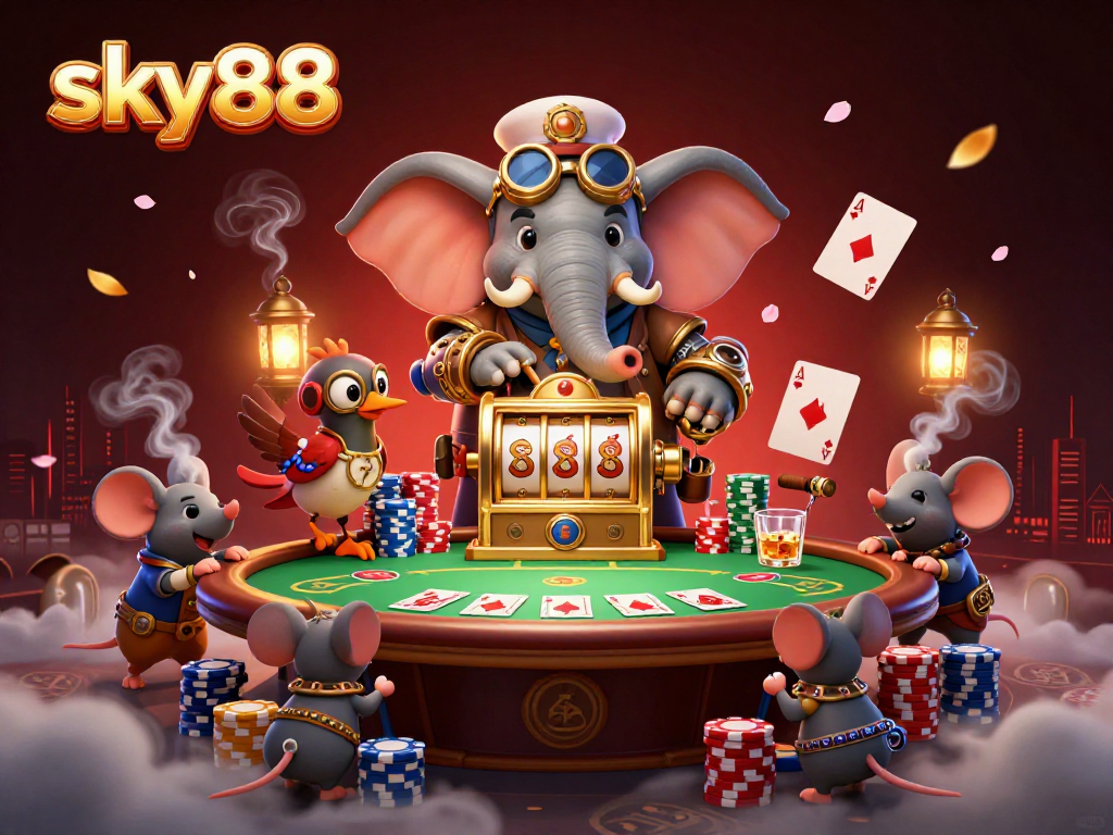 Experience thrilling sky88 gameplay with steampunk characters and vibrant casino elements.