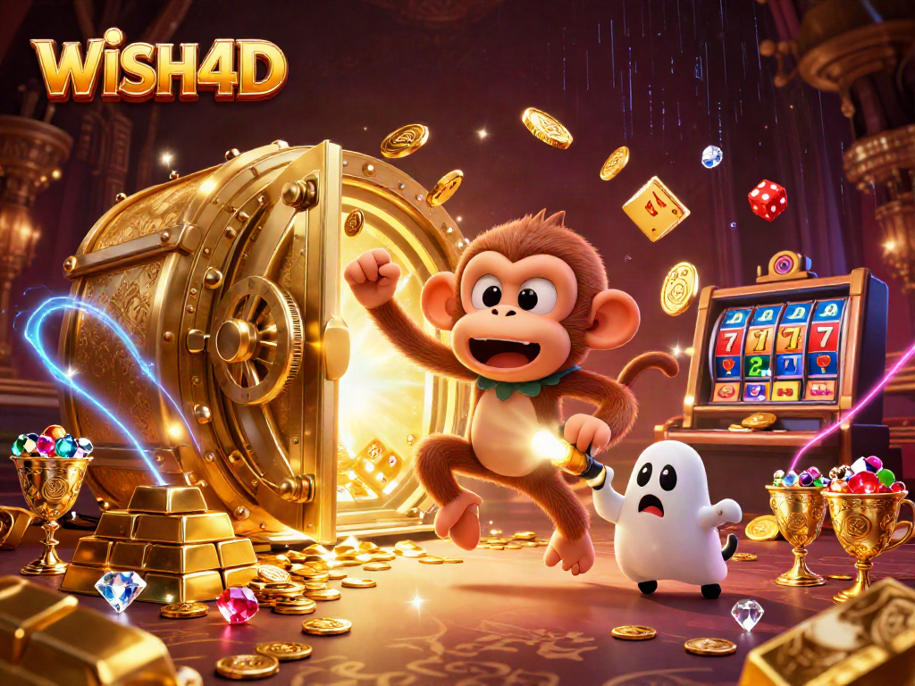 Experience winning at WISH4D with a spooky monkey juggling gold in a vibrant casino