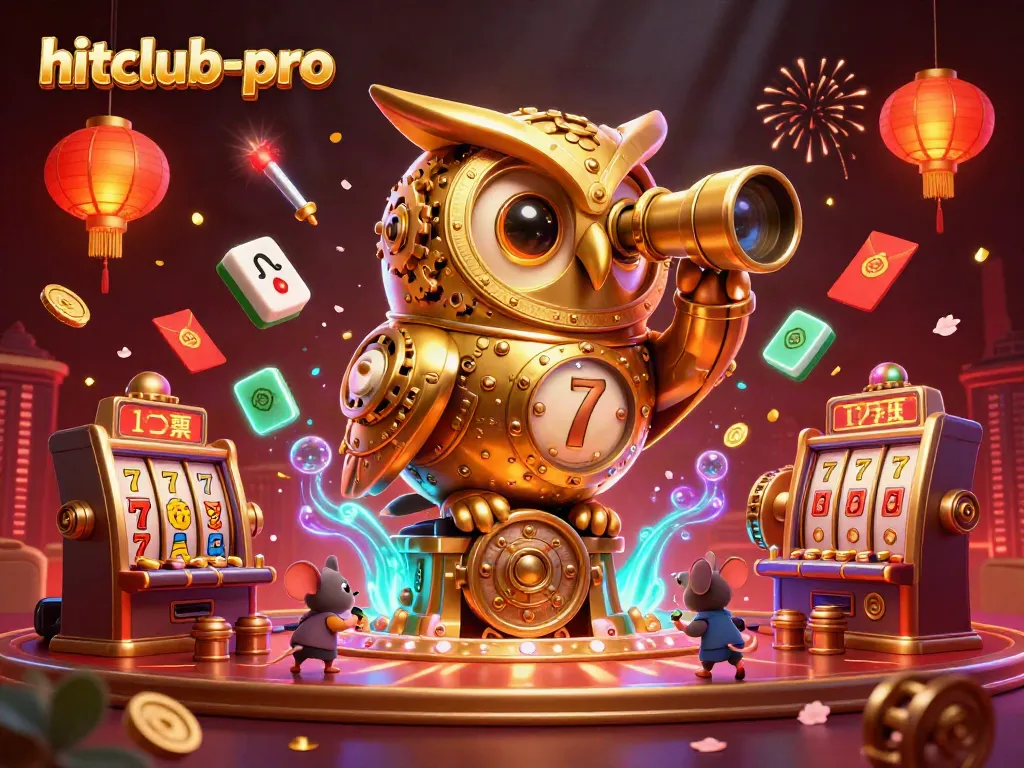 Engaging scene capturing hitclub-pro with a golden owl observing slot machines amidst lively casino elements.