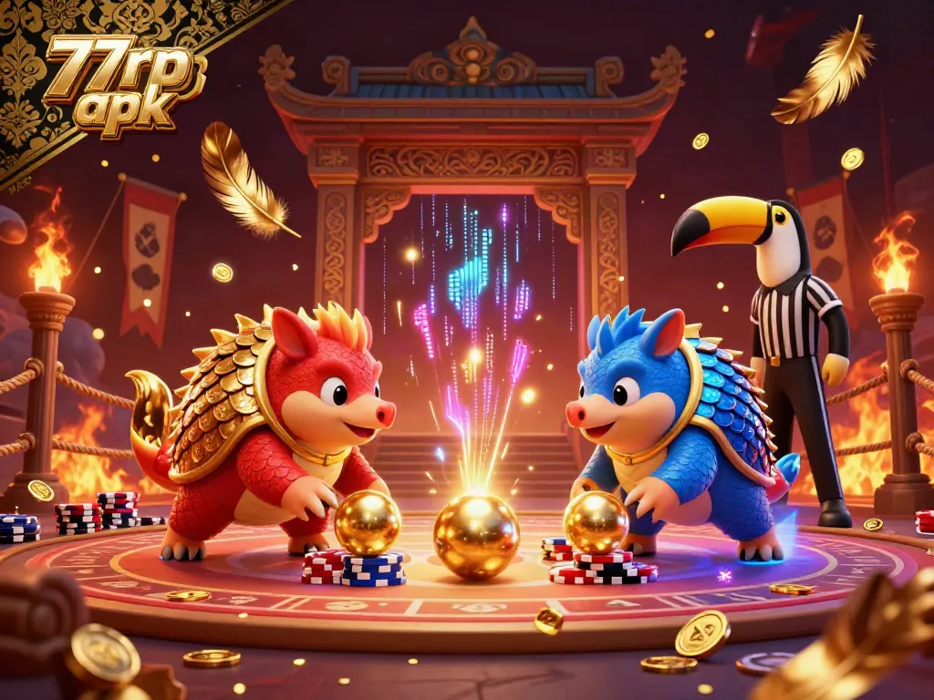 Engage with the 77rp apk as pangolins compete in a vibrant casino setting filled with chips and golden confetti.