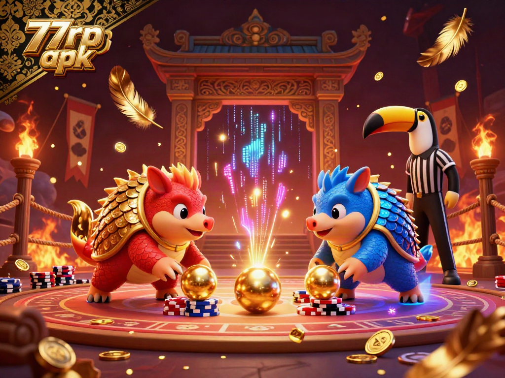 Engage with the 77rp apk as pangolins compete in a vibrant casino setting filled with chips and golden confetti.