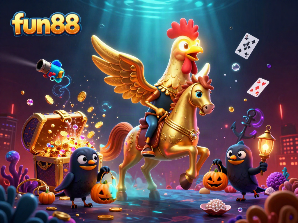 Experience thrilling fun88 gaming adventures with a golden rooster character in a vibrant casino setting.