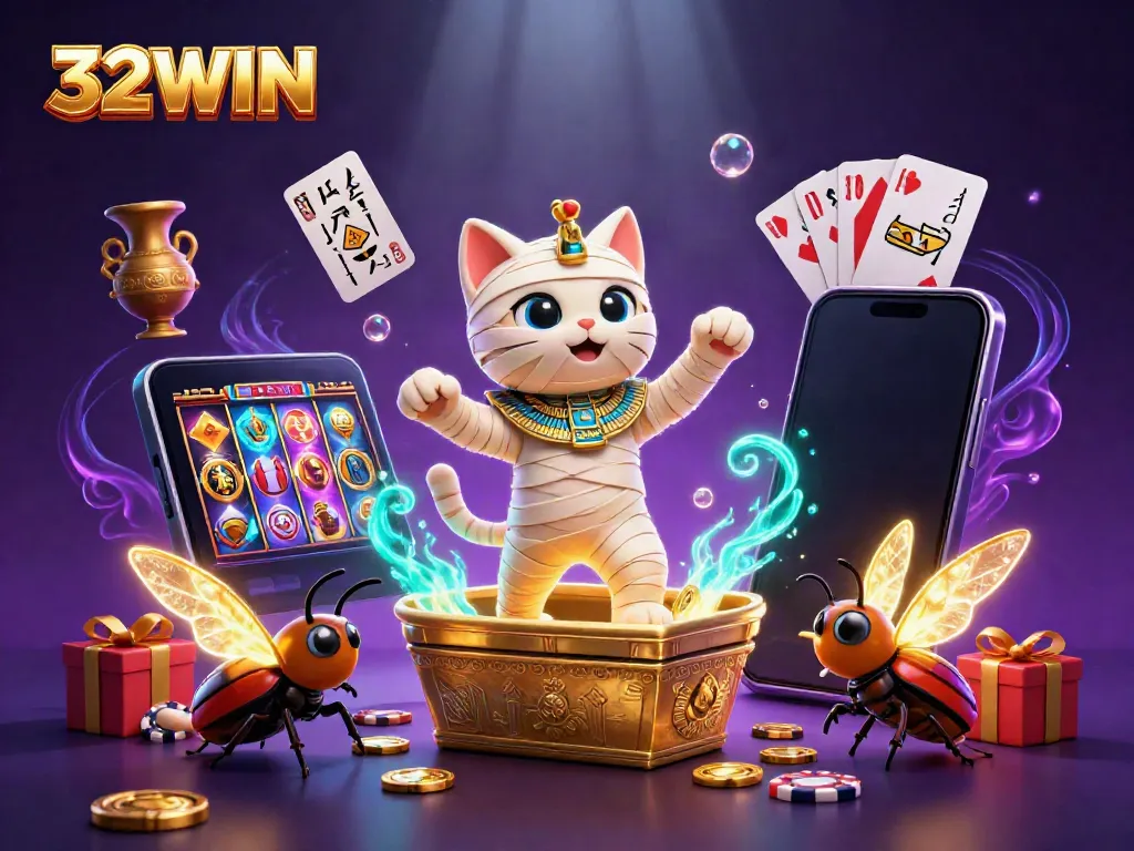 Engage with 32WIN's dazzling 3D scene featuring an Egyptian mummy cat and vibrant casino elements.
