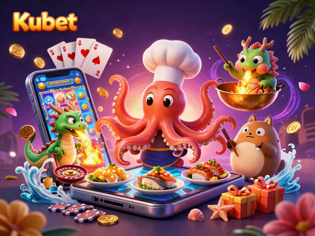 Kubet's vibrant and dynamic 3D illustration showcases an octopus chef and a dragon in an engaging casino setting.