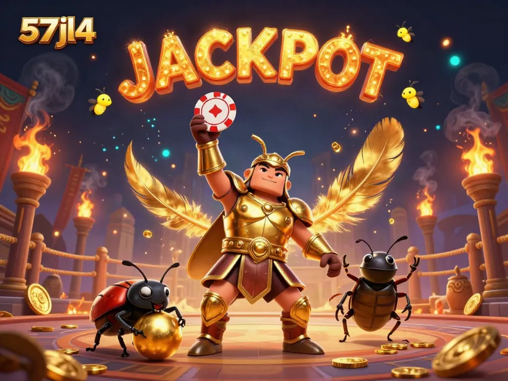 Engage with 57jl4's thrilling casino adventure as a hercules beetle celebrates victory.
