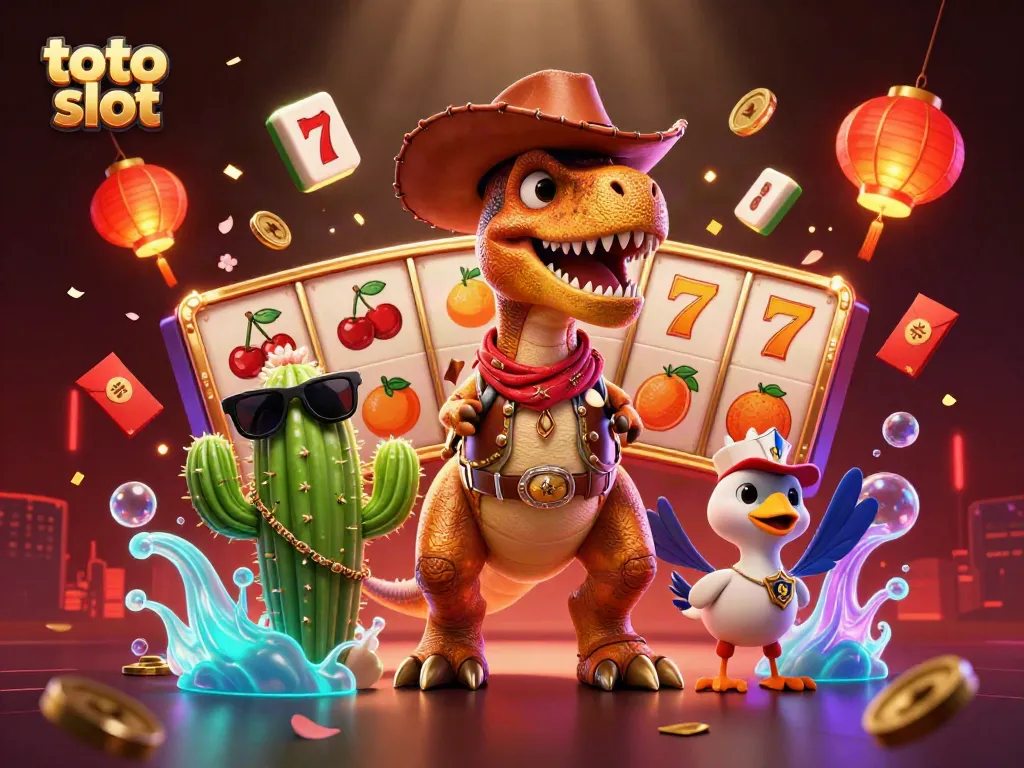 Experience thrilling toto slot gameplay with a cowboy T-Rex and vibrant casino elements.