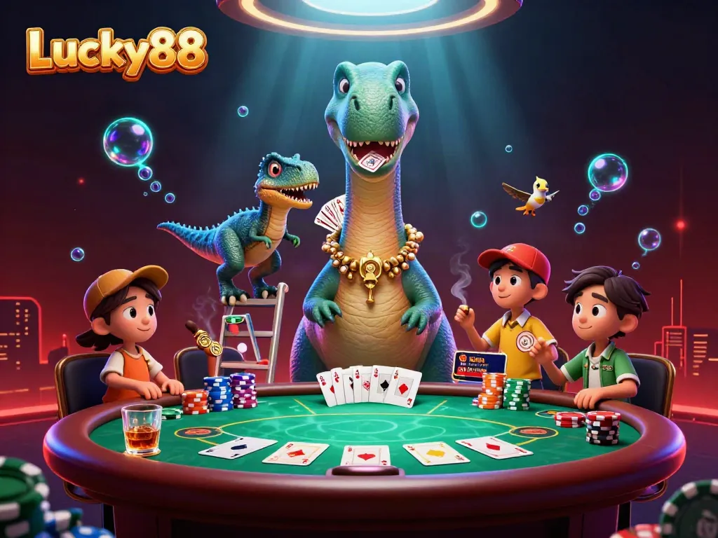 Engage with Lucky88: a vibrant 3D casino scene featuring an oversized brontosaurus and raptor, combined with poker elements.