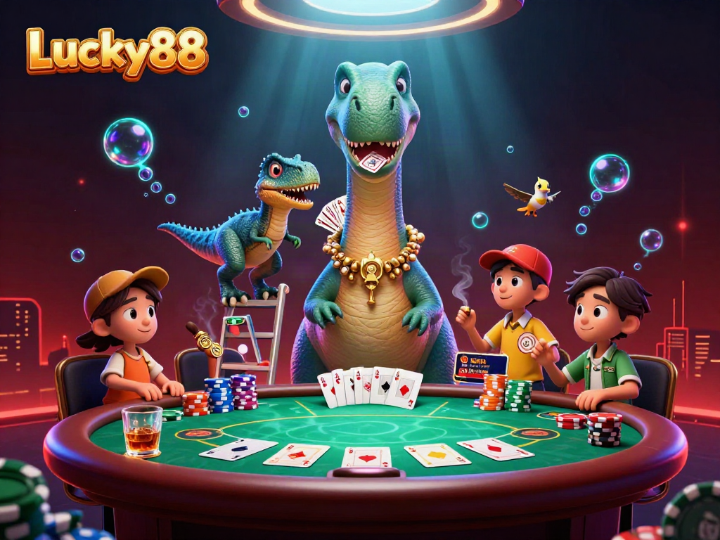 Engage with Lucky88: a vibrant 3D casino scene featuring an oversized brontosaurus and raptor, combined with poker elements.