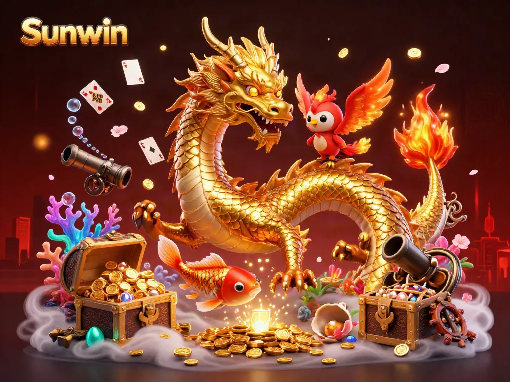 Engaging illustration of Sunwin's vibrant gaming landscape featuring dragons, phoenixes, and coins.