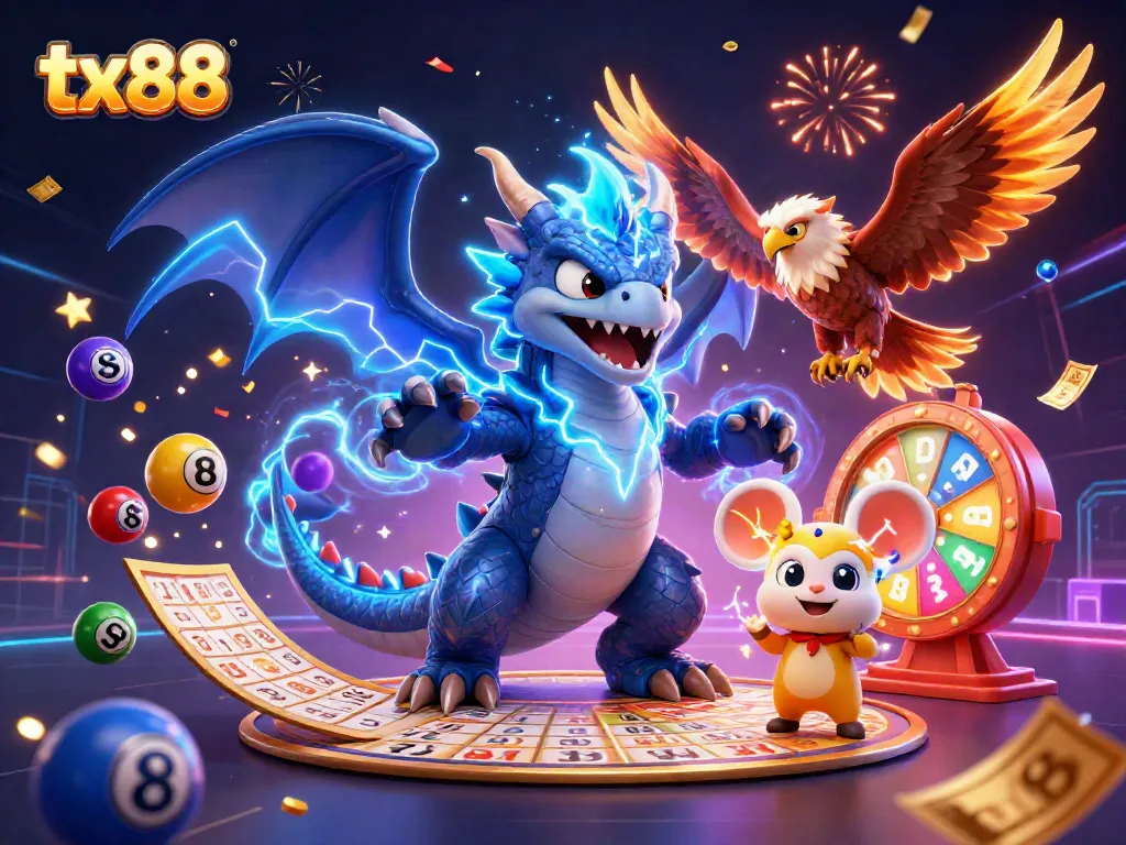 Engage with tx88's thrilling experience featuring dynamic lottery elements and cartoon characters illustrating an online casino atmosphere.