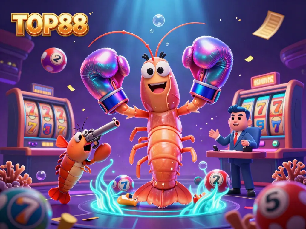 Experience thrilling gameplay with TOP88 as vibrant lottery elements and casino characters fill the scene.