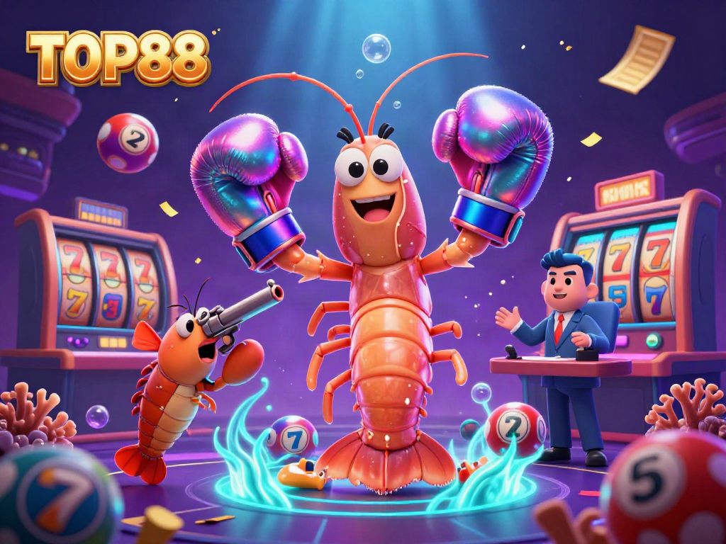 Experience thrilling gameplay with TOP88 as vibrant lottery elements and casino characters fill the scene.