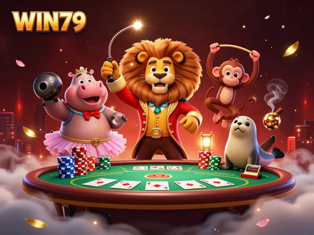 WIN79 showcases a lively casino scene with a whimsical ringmaster lion and vibrant game elements.