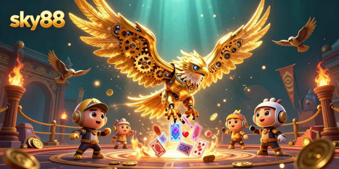 Experience thrilling wins at sky88 with a dynamic 3D casino illustration showcasing vibrant gaming action.