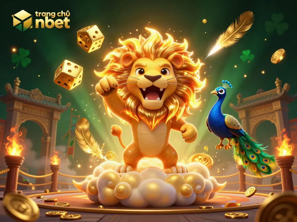 Experience the vibrant world of trang chủ nbet with the majestic lion and cosmic dice in a casino illustration.