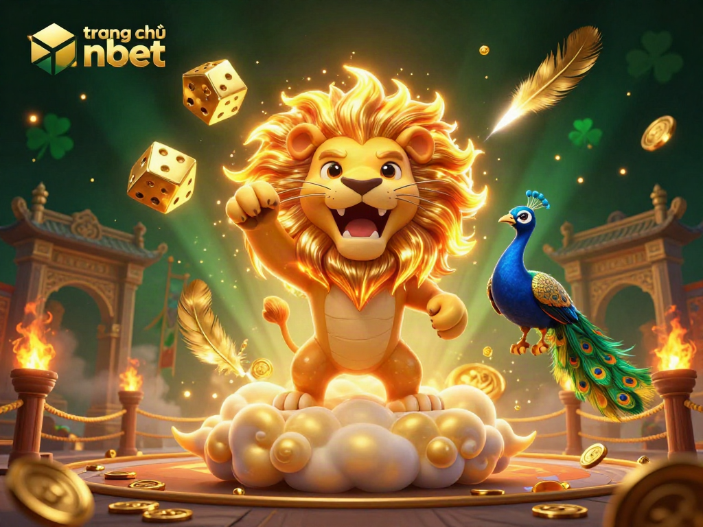 Experience the vibrant world of trang chủ nbet with the majestic lion and cosmic dice in a casino illustration.