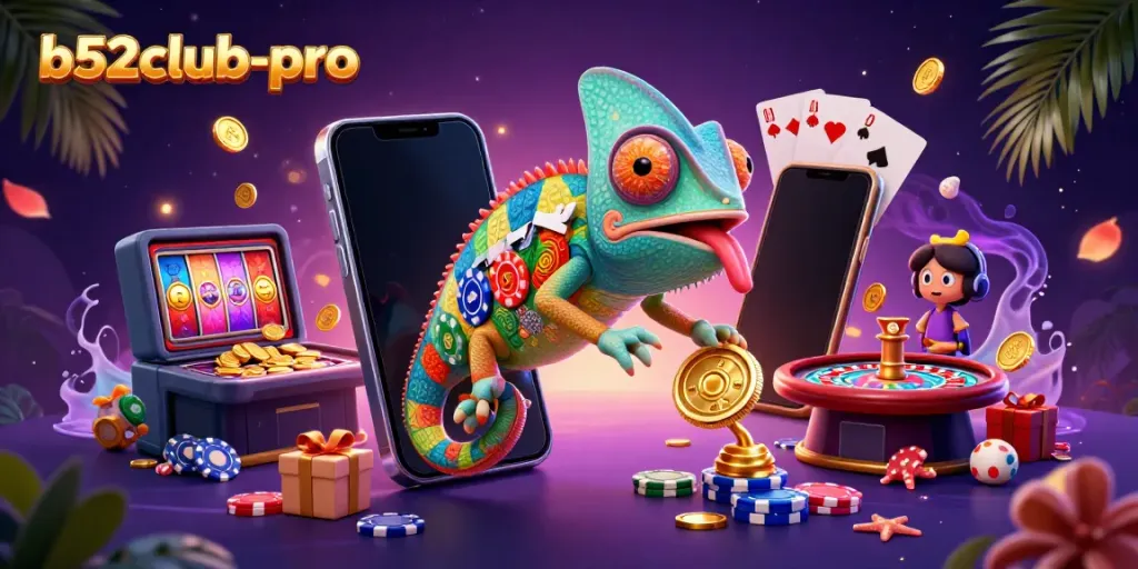 Experience thrilling gaming with b52club-pro's vibrant casino illustration featuring a dynamic chameleon owner.