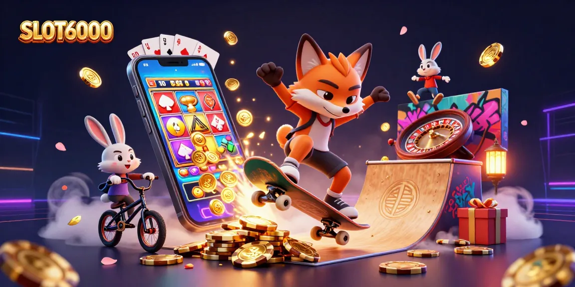 SLOT6000 cartoon illustration showcasing a skateboarder fox and BMX rabbit among gaming symbols and vibrant casino elements.