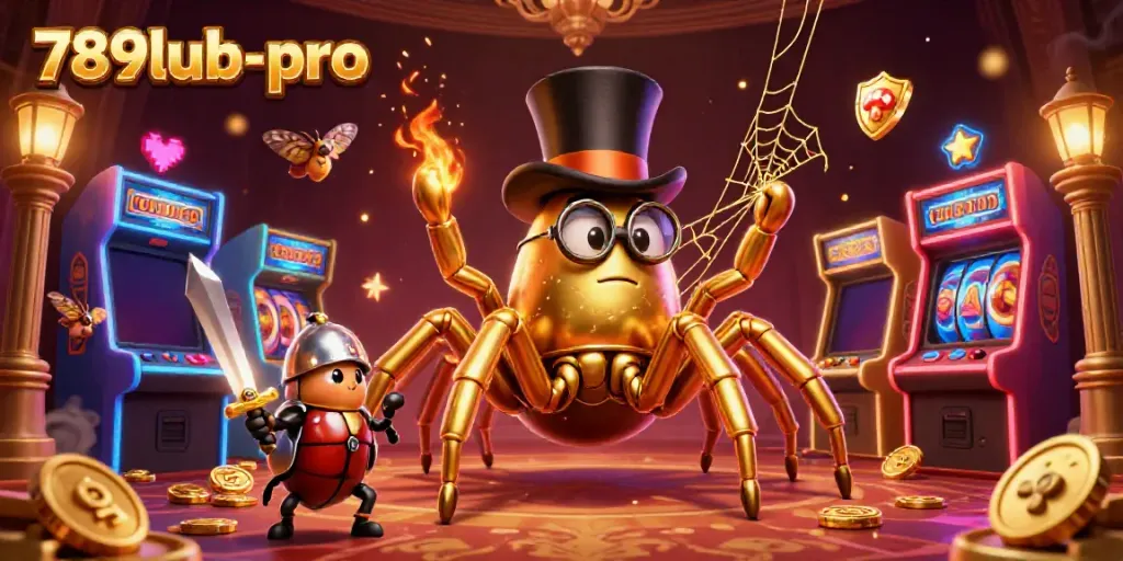 Experience excitement at 789lub-pro with golden tarantulas and beetle knights amidst thrilling casino scenes.
