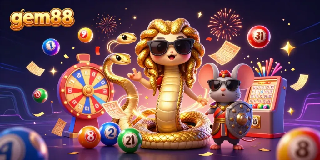 Engage in thrilling gem88 gameplay with Medusa and a warrior mouse among colorful lottery elements.