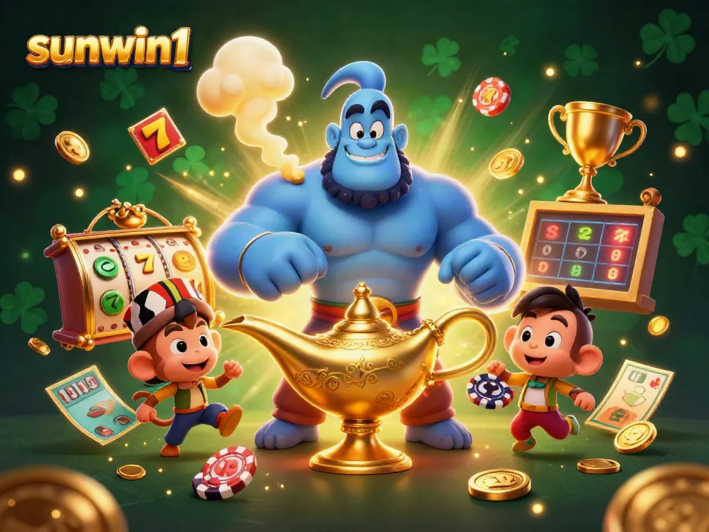 Experience the thrill of sunwin1 with a vibrant 3D illustration showcasing jackpot excitement and adventure.