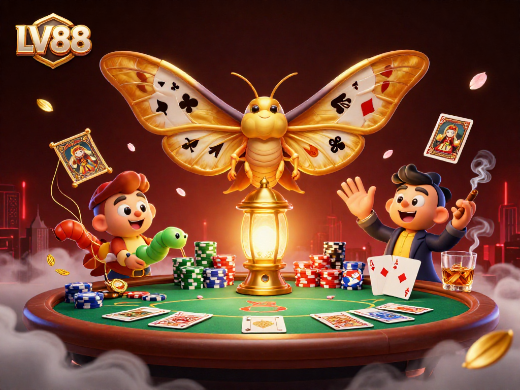 Experience thrilling gaming at LV88 with a vibrant scene featuring a majestic moth and poker elements.