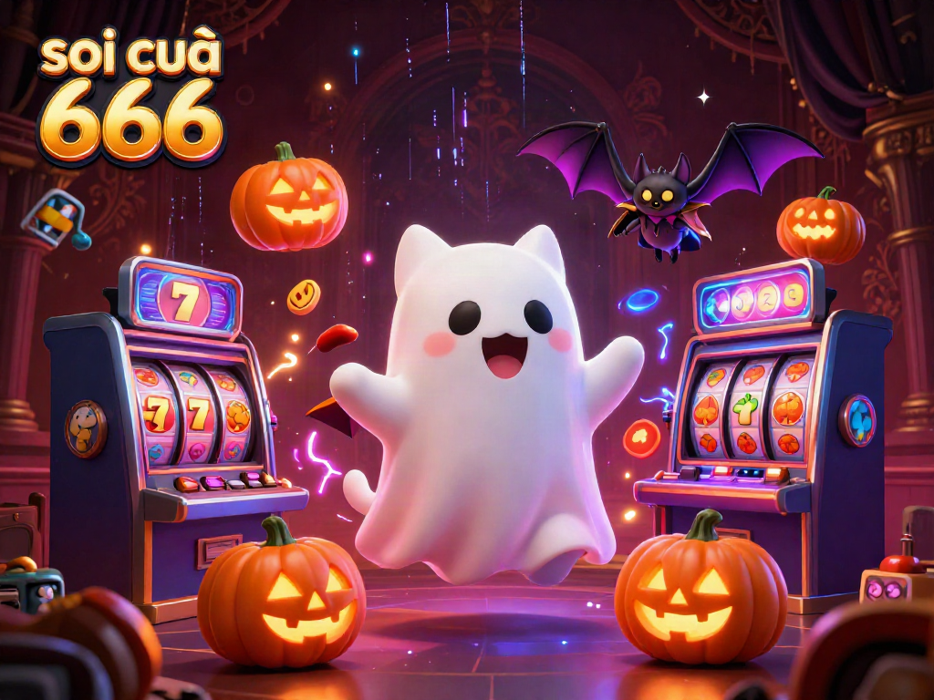 Soi cầu 666 illustration featuring a ghost cat and bat in a haunted casino, with slot machines and vibrant energy elements.
