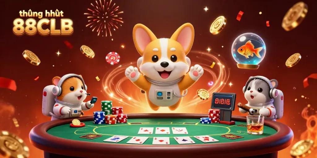 Experience the thrill of thương hiệu 88CLB at a captivating space station casino with vibrant poker visuals.